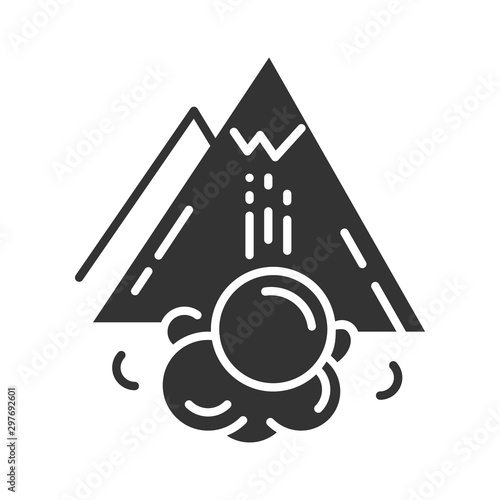 Avalanche glyph icon. Sudden snowslide, landslide. Unexpected landslip. Glacier displacement. Snow and ice falling down mountain side. Silhouette symbol. Negative space. Vector isolated illustration