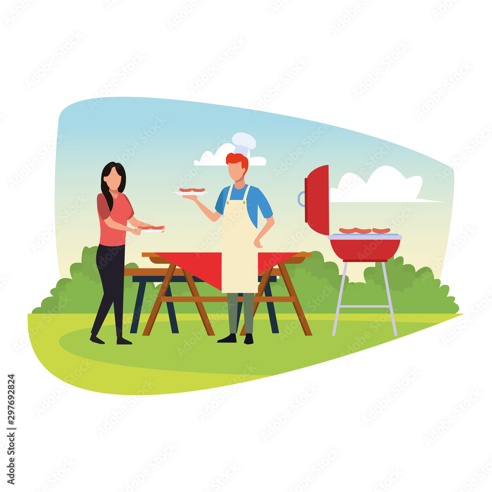 avatar woman and man cooking in a bbq grill, colorful design