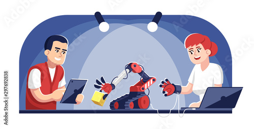 Man and woman operating robot arm flat vector illustration. Droid designing and programming. Computer science. Electronic technology. Engineers testing robotic hand mechanism cartoon characters