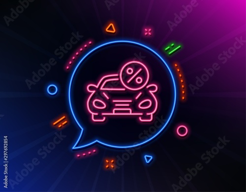 Car leasing percent line icon. Neon laser lights. Transport loan sign. Credit percentage symbol. Glow laser speech bubble. Neon lights chat bubble. Banner badge with car leasing icon. Vector