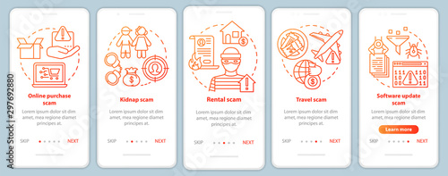 Scam types onboarding mobile app page screen vector template. Walkthrough website steps with linear illustrations. Online purchase and rental fraud. UX, UI, GUI smartphone interface concept