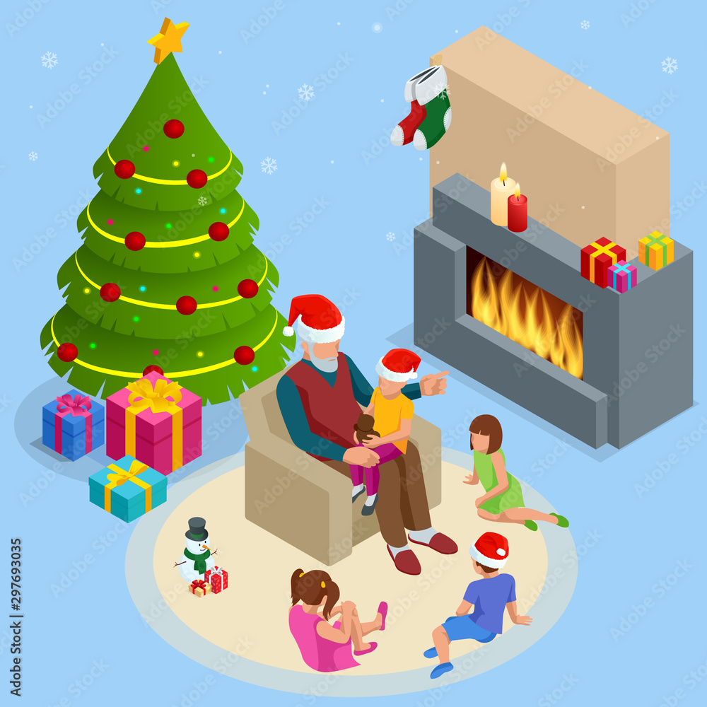 Isometric Merry Christmas Happy family. Merry Christmas and Happy Holidays 