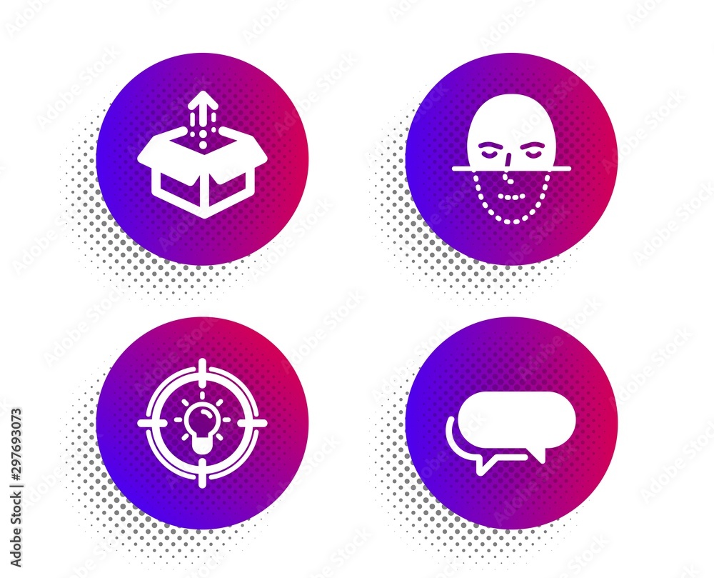 Idea, Face recognition and Send box icons simple set. Halftone dots button. Messenger sign. Solution, Faces biometrics, Delivery package. Speech bubble. Business set. Classic flat idea icon. Vector