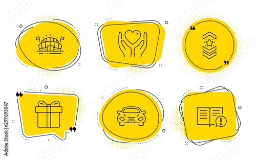 Hold heart, Sports arena and Facts signs. Chat bubbles. Car, Shoulder strap and Gift box line icons set. Transport, Star rank, Present package. Friendship. Business set. Line car icon. Vector