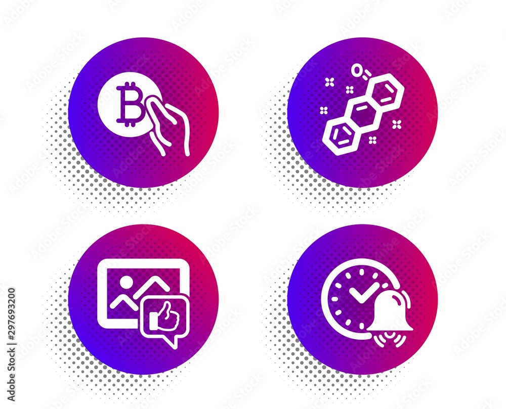 Like photo, Chemical formula and Bitcoin pay icons simple set. Halftone dots button. Alarm bell sign. Thumbs up, Chemistry, Cryptocurrency coin. Time. Business set. Vector