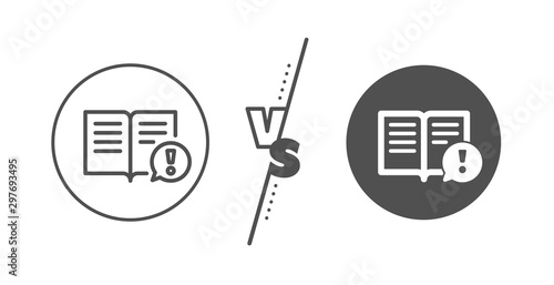 Exclamation mark sign. Versus concept. Interesting facts line icon. Book symbol. Line vs classic facts icon. Vector