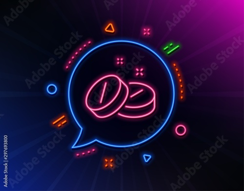 Medical tablet line icon. Neon laser lights. Medicine drugs sign. Pharmacy medication symbol. Glow laser speech bubble. Neon lights chat bubble. Banner badge with medical tablet icon. Vector