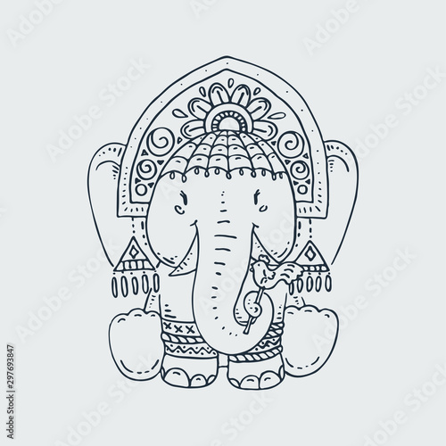 Cute circus elephant in a kokoshnik and bracelets. Hand drawn vector illustration