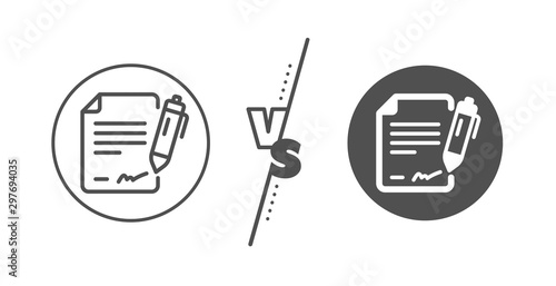 Contract signature sign. Versus concept. Signing document line icon. Agreement file symbol. Line vs classic signing document icon. Vector