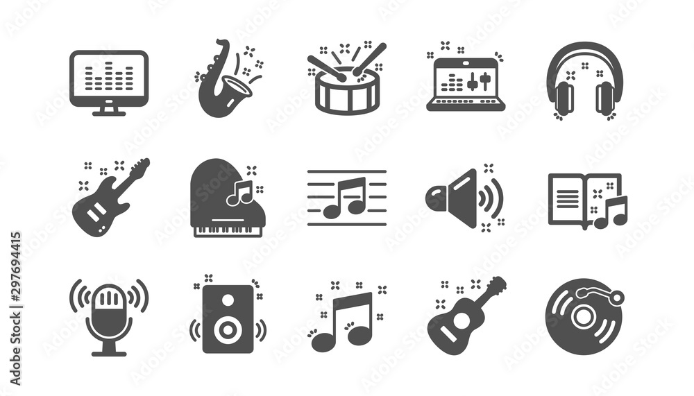 Fototapeta premium Music icons. Guitar, Musical note and Headphones. Jazz saxophone classic icon set. Quality set. Vector