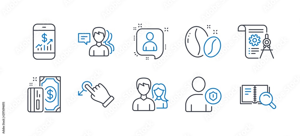 Set of Business icons, such as Payment, Developers chat, Drag drop, Security, Couple, Divider document, Coffee beans, People, Mobile finance, Search book line icons. Cash money, Manager talk. Vector Set of Business icons, such as Payment, Developers chat, Drag drop, Security, Couple, Divider document, Coffee beans, People, Mobile finance, Search book line icons. Cash money, Manager talk. Vector