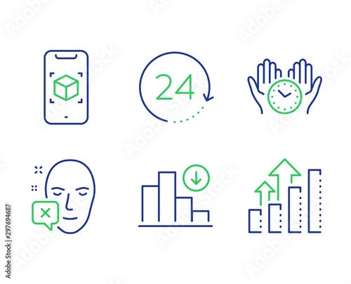 Face declined, Safe time and 24 hours line icons set. Augmented reality, Decreasing graph and Analysis graph signs. Identification error, Hold clock, Time. Phone simulation. Science set. Vector