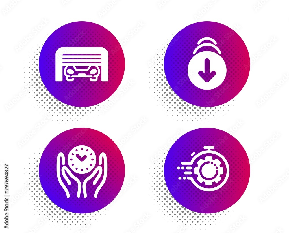 Safe time, Scroll down and Parking garage icons simple set. Halftone dots button. Seo timer sign. Management, Swipe screen, Automatic door. Cogwheel. Technology set. Vector