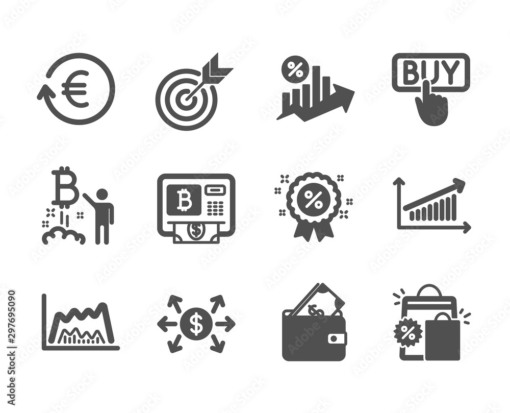 Obraz premium Set of Finance icons, such as Target, Loan percent, Bitcoin atm, Bitcoin project, Buying, Trade chart, Wallet, Discount, Chart, Exchange currency, Shopping bags, Dollar exchange. Target icon. Vector