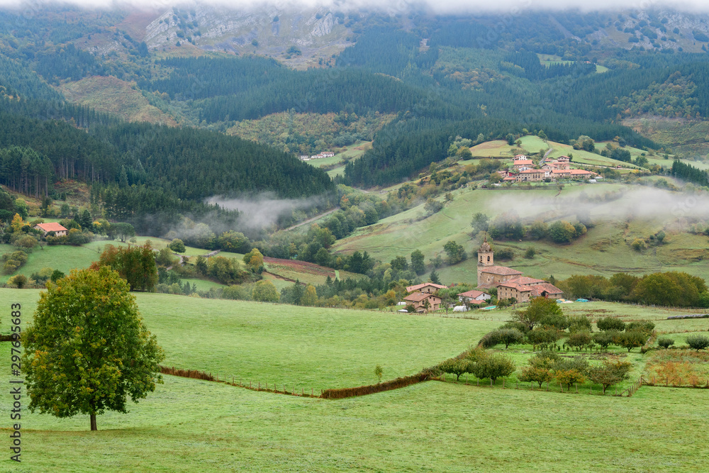 foggy morning at basque countryside