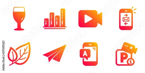 Ab testing, Graph chart and Video camera line icons set. Beer glass, Paper plane and Mail signs. Leaf, Parking security symbols. Phone test, Growth report. Business set. Vector