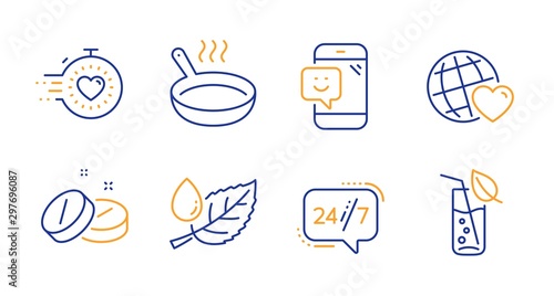Leaf dew, Friends world and Medical tablet line icons set. 24/7 service, Timer and Frying pan signs. Smile, Water glass symbols. Water drop, Love. Business set. Line leaf dew icon. Vector
