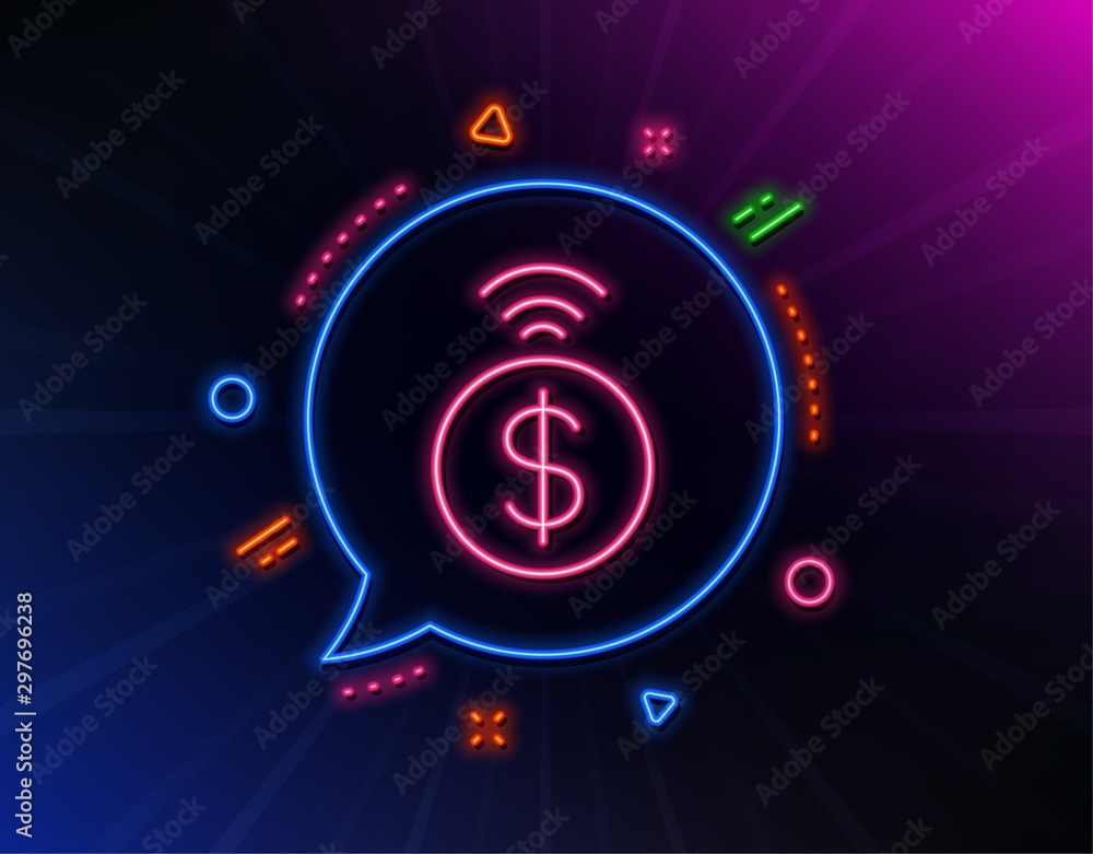 Contactless payment line icon. Neon laser lights. Dollar exchange sign. Finance symbol. Glow laser speech bubble. Neon lights chat bubble. Banner badge with contactless payment icon. Vector Contactless payment line icon. Neon laser lights. Dollar exchange sign. Finance symbol. Glow laser speech bubble. Neon lights chat bubble. Banner badge with contactless payment icon. Vector