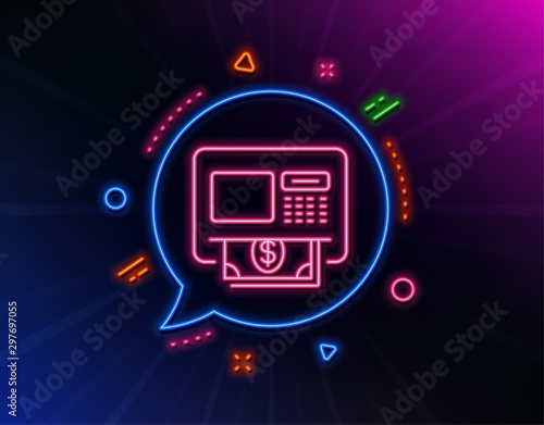 ATM line icon. Neon laser lights. Money withdraw sign. Payment machine symbol. Glow laser speech bubble. Neon lights chat bubble. Banner badge with aTM icon. Vector