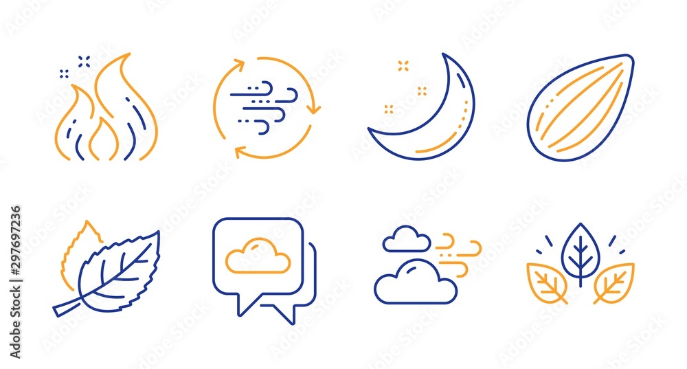 Weather forecast, Fire energy and Leaf line icons set. Windy weather, Almond nut and Moon stars signs. Wind energy, Organic tested symbols. Cloudy, Flame. Nature set. Vector