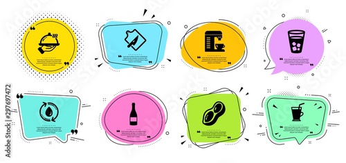 Coffee machine, Coffee cup and Refill water line icons set. Chat bubbles with quotes. Peanut, Ice tea and Cutting board signs. Champagne bottle, Restaurant food symbols. Vector