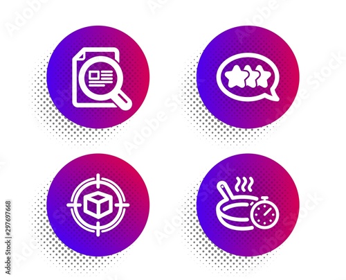 Stars, Parcel tracking and Check article icons simple set. Halftone dots button. Frying pan sign. Customer feedback, Box in target, Magnifying glass. Cooking timer. Business set. Vector