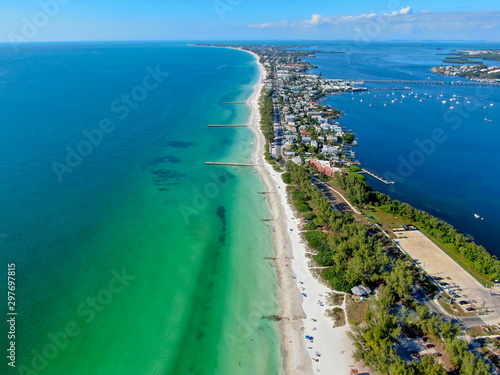 Canvas Print Aerial view of Coquina Beach with white sand beach and the main road, Anna Maria Island, Florida