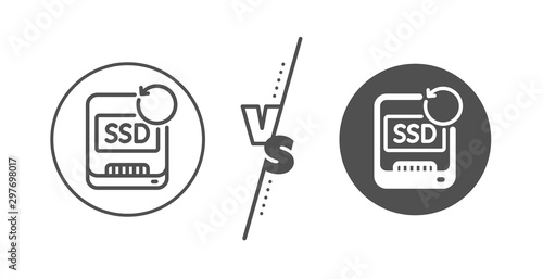 Backup data sign. Versus concept. Recovery ssd line icon. Restore information symbol. Line vs classic recovery ssd icon. Vector