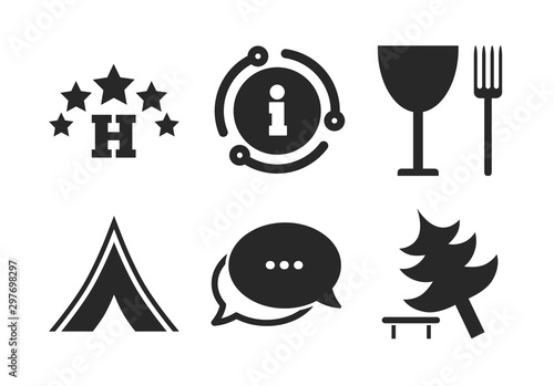 Wineglass and fork. Chat, info sign. Food, hotel, camping tent and tree icons. Break down tree. Road signs. Classic style speech bubble icon. Vector