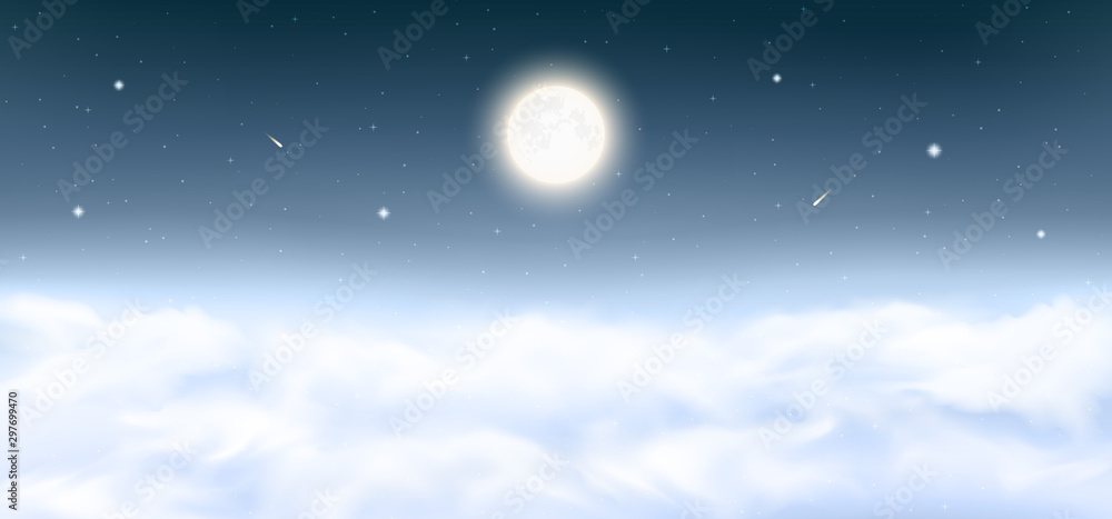 Full Moon on the night sky background with shining stars, comets, shooting stars, realistic fluffy clouds. Starry night sky panorama above clouds. Peaceful scene dark background. Vector Illustration. Full Moon on the night sky background with shining stars, comets, shooting stars, realistic fluffy clouds. Starry night sky panorama above clouds. Peaceful scene dark background. Vector Illustration.