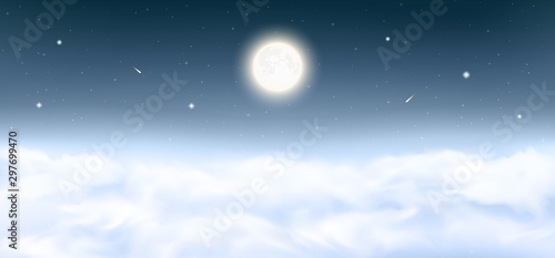 Full Moon on the night sky background with shining stars, comets, shooting stars, realistic fluffy clouds. Starry night sky panorama above clouds. Peaceful scene dark background. Vector Illustration. © maryliflower