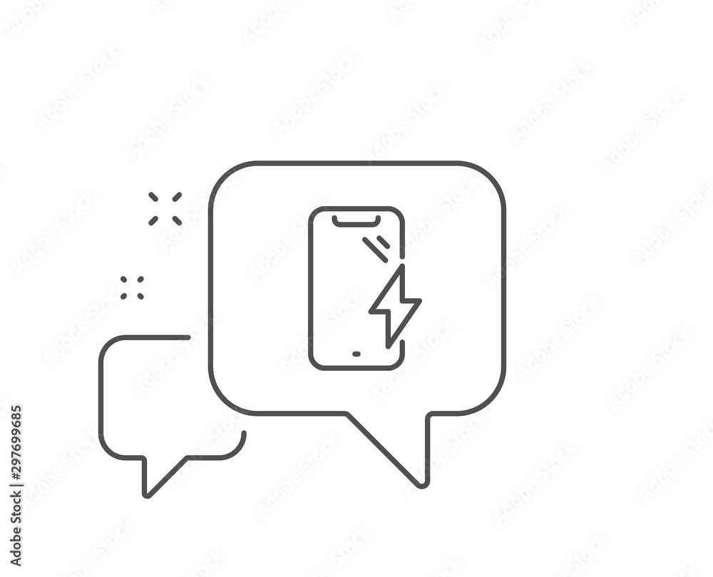 Smartphone charging line icon. Chat bubble design. Phone charge sign. Mobile device energy symbol. Outline concept. Thin line smartphone charging icon. Vector Smartphone charging line icon. Chat bubble design. Phone charge sign. Mobile device energy symbol. Outline concept. Thin line smartphone charging icon. Vector