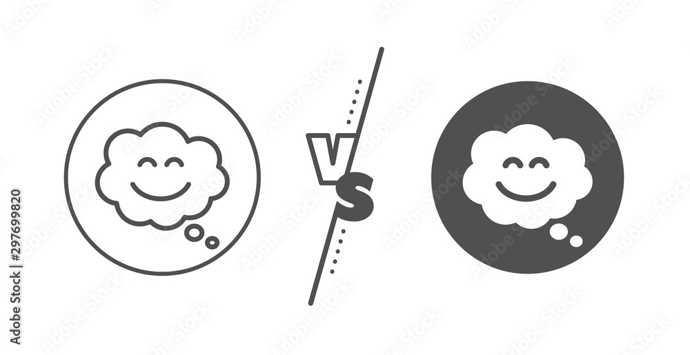 Happy emoticon sign. Versus concept. Smile chat line icon. Comic speech bubble symbol. Line vs classic smile chat icon. Vector