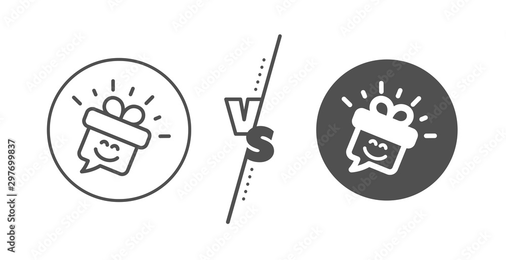 Gift box emoticon sign. Versus concept. Smile line icon. Speech bubble symbol. Line vs classic smile icon. Vector Gift box emoticon sign. Versus concept. Smile line icon. Speech bubble symbol. Line vs classic smile icon. Vector