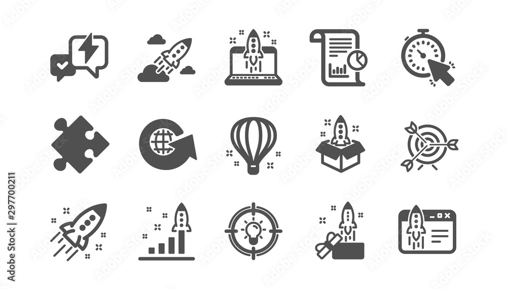 Startup icons. Launch Project, Business report and Target. Strategy classic icon set. Quality set. Vector