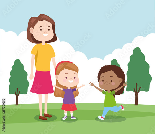 cartoon mother with her daughters in the park