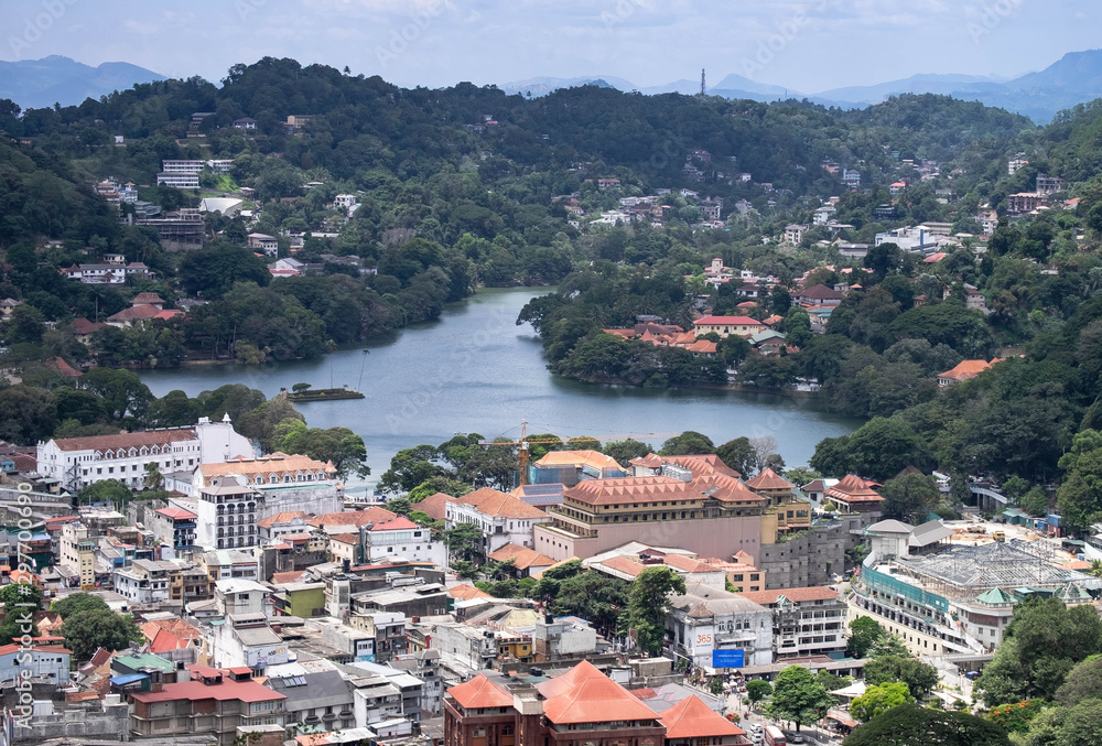 The Aerial view of the center of Kandy city, Sri Lanka.