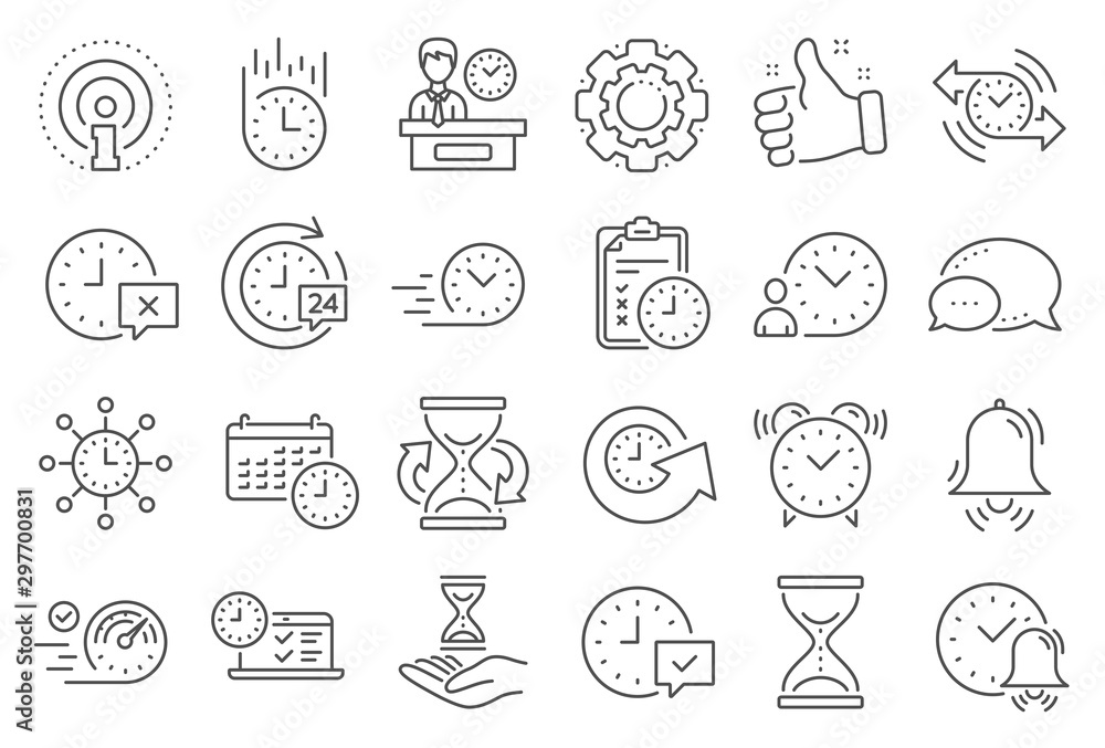 Time line icons. Set of Calendar, Time management timer and Delivery service linear icons. Checklist, Stopwatch timer and hourglass. 24 hours and Presentation, calendar, checklist test. Vector