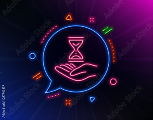 Time hourglass in hand line icon. Neon laser lights. Sand watch sign. Glow laser speech bubble. Neon lights chat bubble. Banner badge with time hourglass icon. Vector
