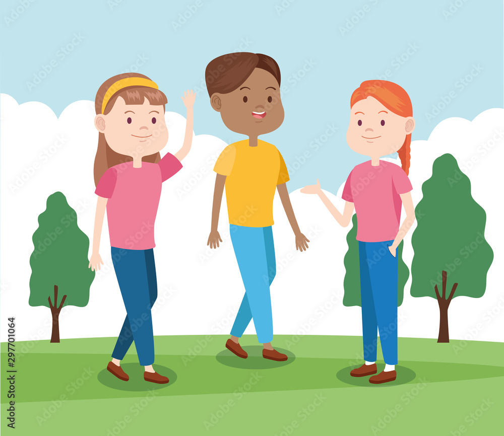 happy girls and boy in the park, colorful design
