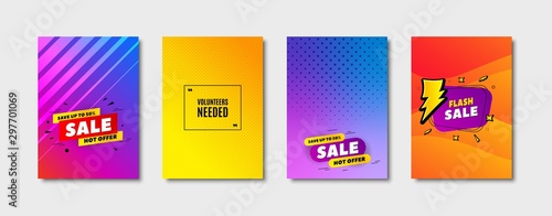 Volunteers needed. Cover design, banner badge. Volunteering service sign. Charity work symbol. Poster template. Sale, hot offer discount. Flyer or cover background. Coupon, banner design. Vector