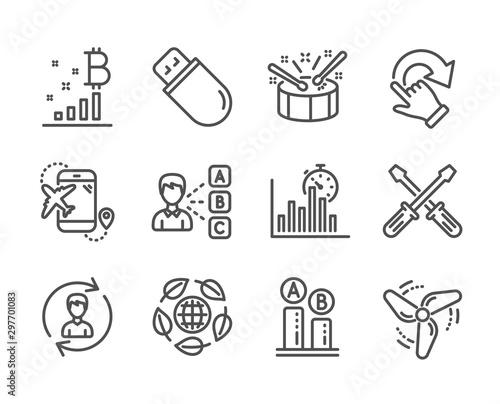 Set of Business icons, such as Bitcoin graph, Report timer, Usb stick, Drums, Ab testing, Human resources, Rotation gesture, Opinion, Flight destination, Wind energy, Screwdriverl. Vector