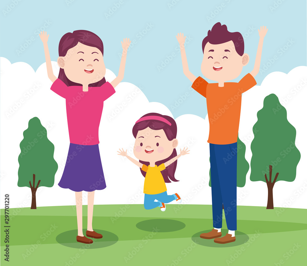 cartoon happy family with little girl in the park cartoon happy family with little girl in the park