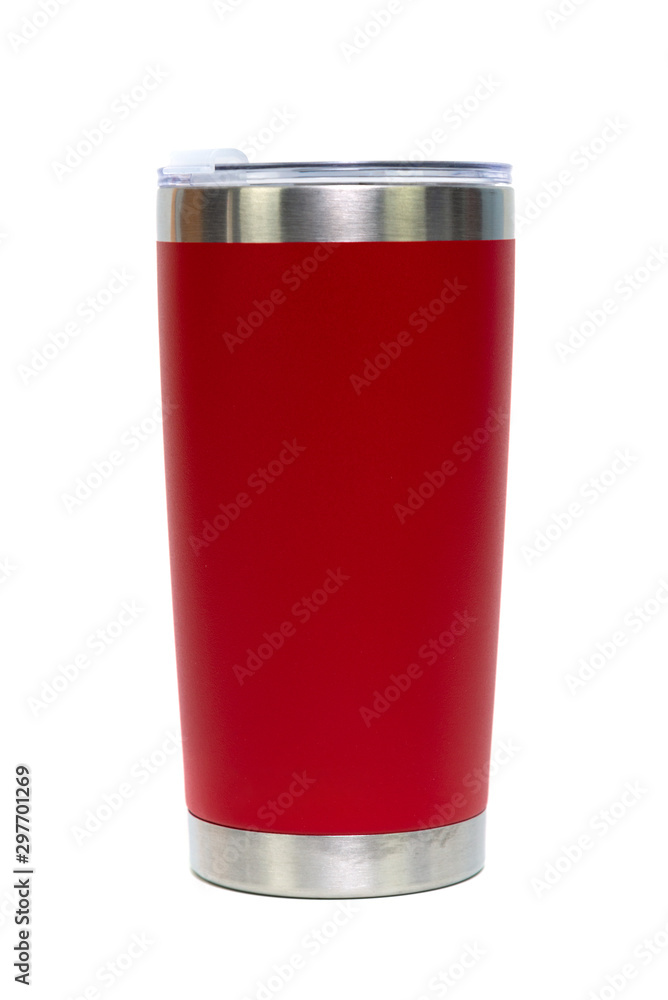 Red colour stainless steel tumbler or cold and hot storage cup isolated on white background. Red colour stainless steel tumbler or cold and hot storage cup isolated on white background.