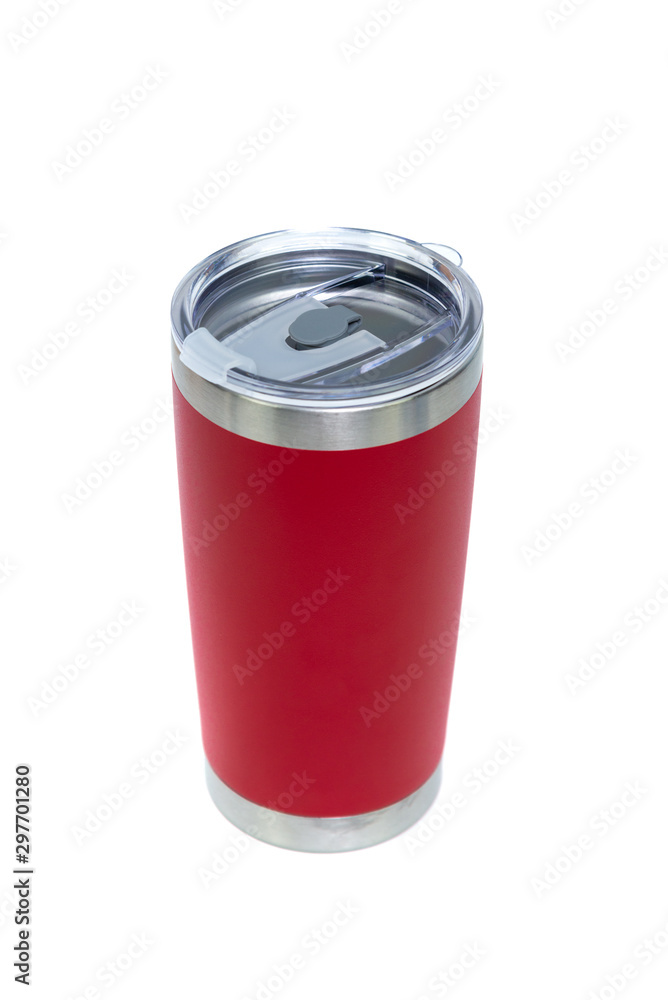 Red colour stainless steel tumbler or cold and hot storage cup isolated on white background. Red colour stainless steel tumbler or cold and hot storage cup isolated on white background.