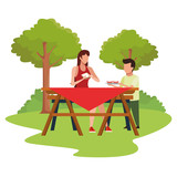 avatar woman and boy in a picnic table