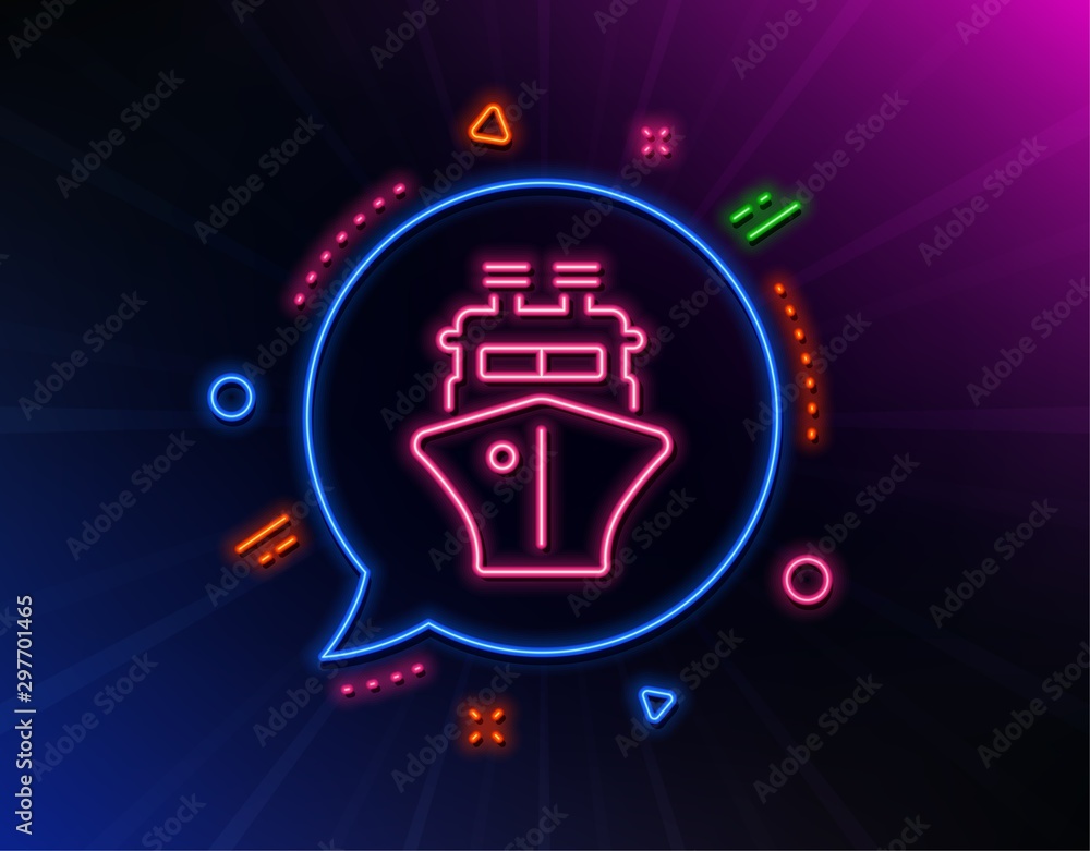 Ship line icon. Neon laser lights. Watercraft transport sign. Shipping symbol. Glow laser speech bubble. Neon lights chat bubble. Banner badge with ship icon. Vector