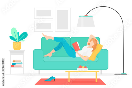 Woman reading book flat vector illustration. Young lady lying on couch with interesting novel cartoon character. Female student studying at home. Literature hobby, intellectual leisure activity.