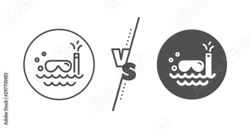Trip swimming sign. Versus concept. Travel scuba diving line icon. Holidays symbol. Line vs classic scuba diving icon. Vector