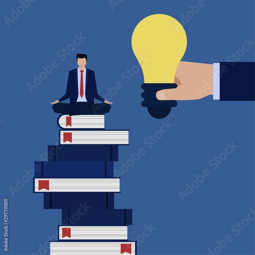 Business flat vector concept man sit above books and hand give idea metaphor of get inspiration.